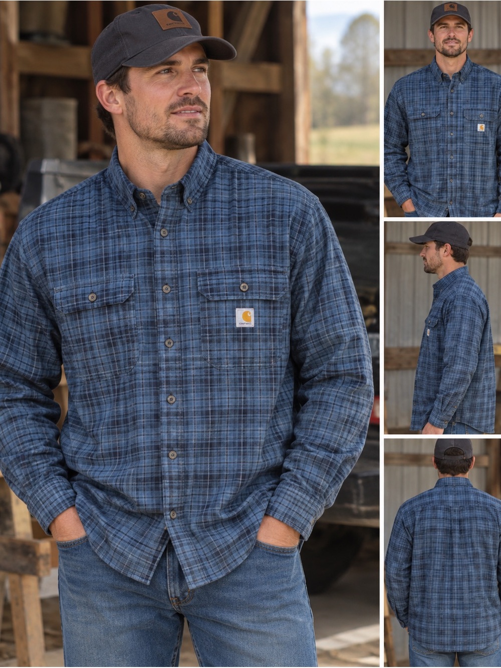 Carhartt Men’s Blue Plaid Button-Down Work Shirt Large Loose